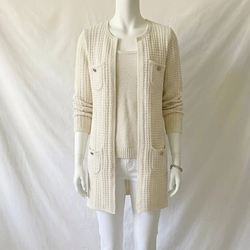 NWT Talbots Women's Textured Metallic Cream Knit Cardigan Coat L